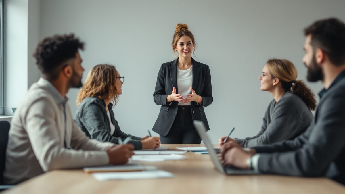 A founder leading a training session for new franchise owners around a meeting room table