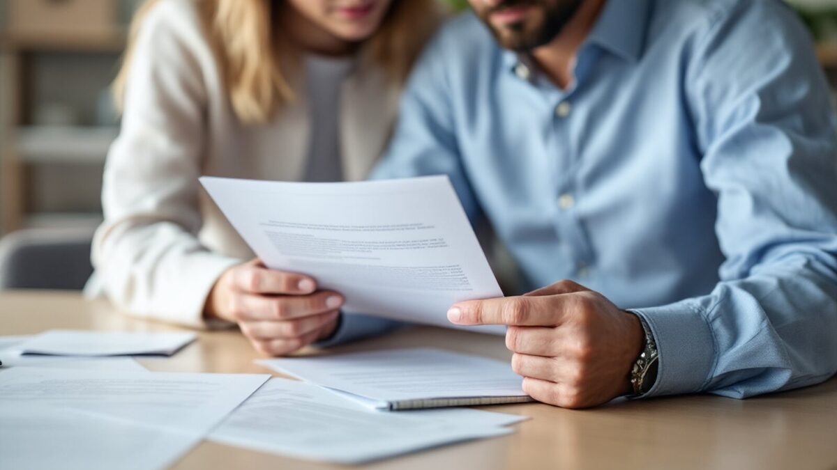 Two people reviewing a franchise disclosure document together at a meeting table