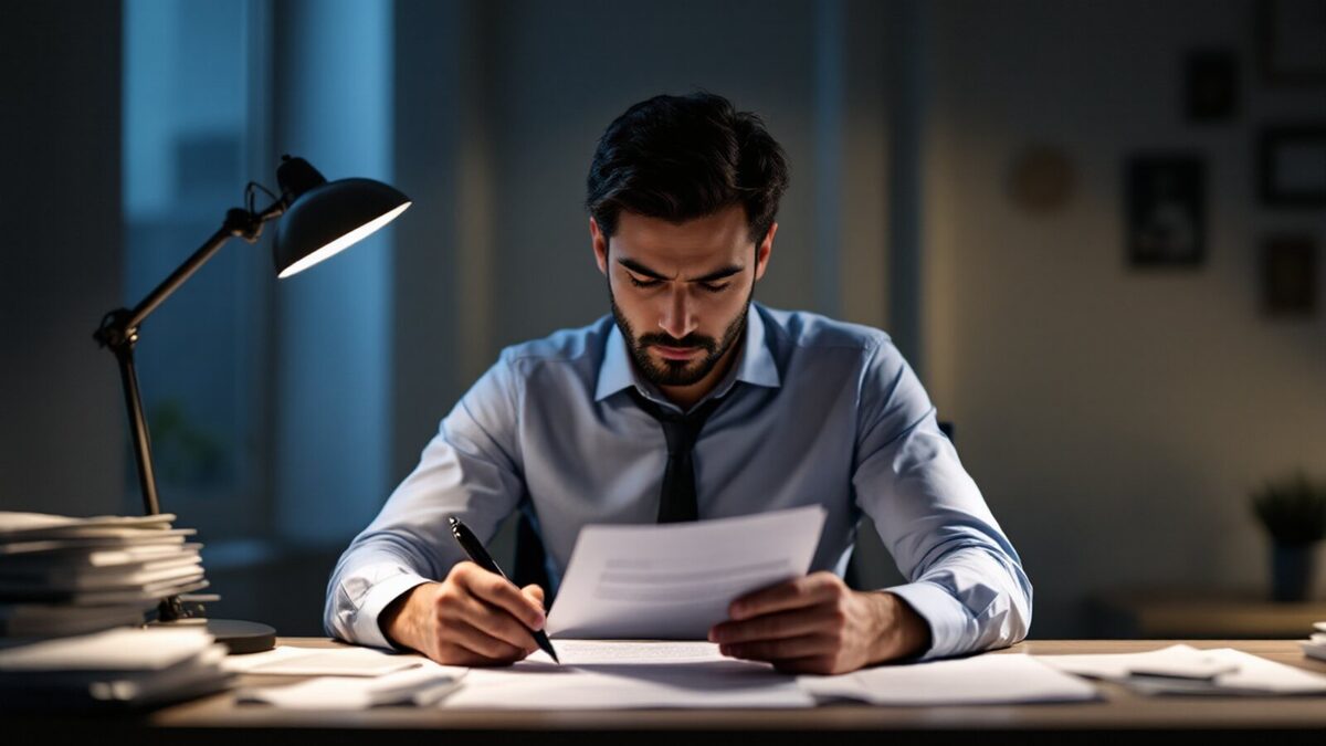 An owner reading a franchise agreement alone at a desk at night