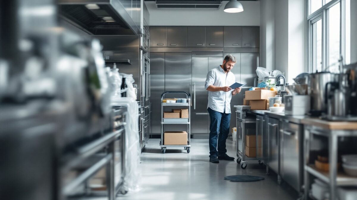 New commercial kitchen equipment arriving at a franchise location