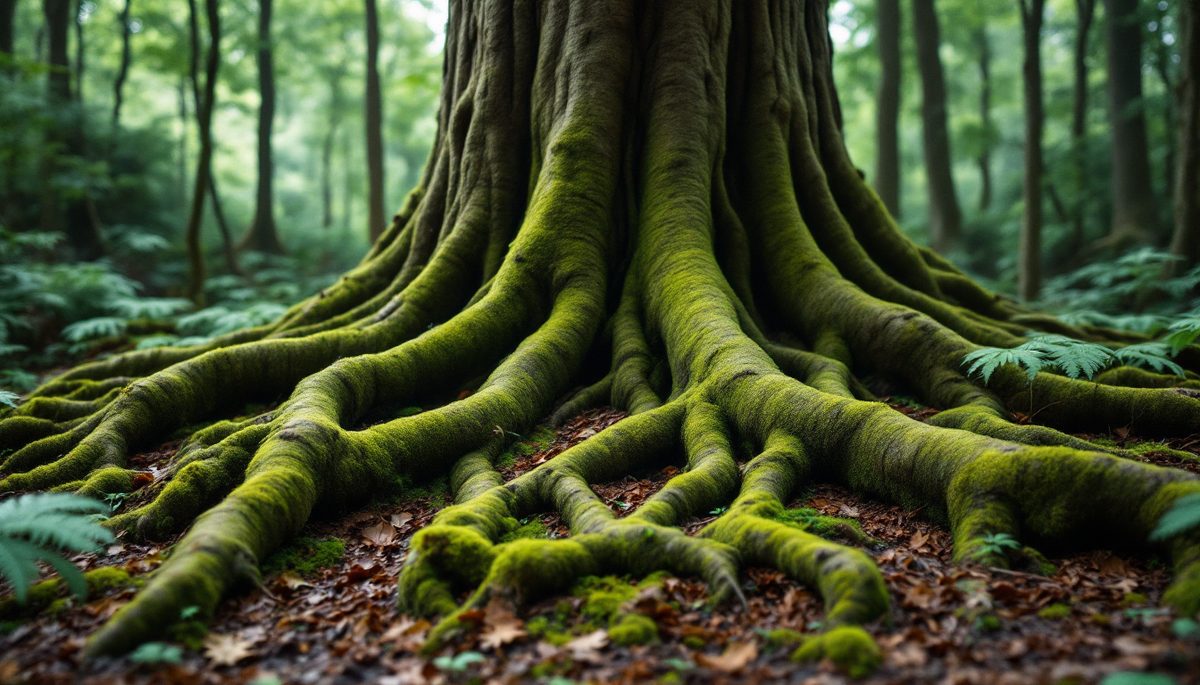 Thick surface roots spreading from an old tree representing the capital reserves that support a franchise beyond the initial fee