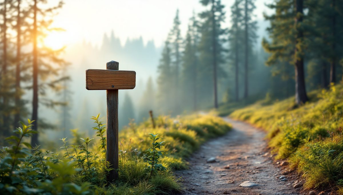 A waymarked forest trail at sunrise representing the proven path a franchise system provides