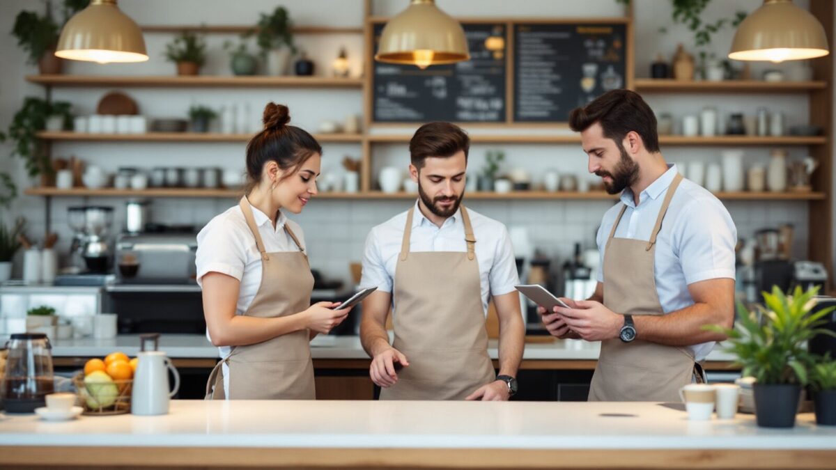 A franchise team working together behind a counter using the same system