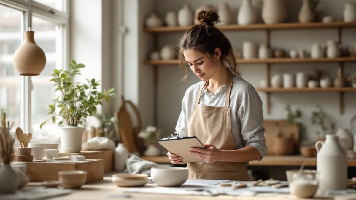 An independent business owner checking stock alone in her own workshop