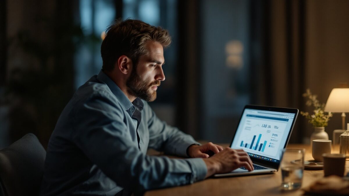A franchise owner reviewing business performance in the evening after a day job