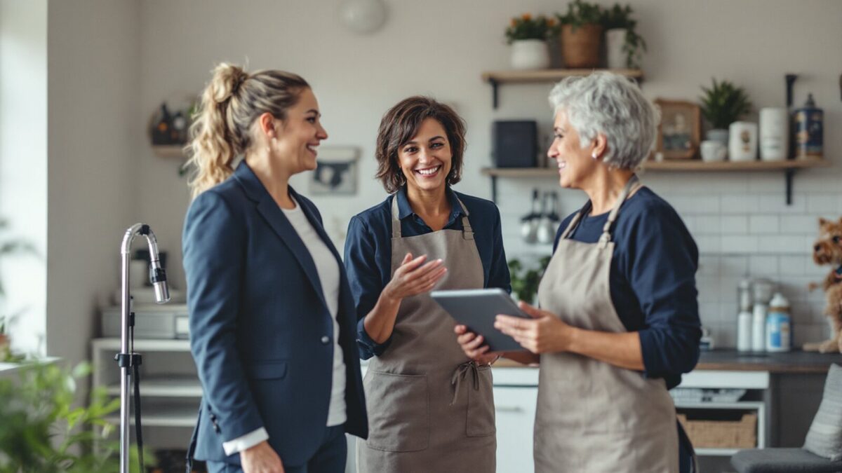 A franchise owner talking with the manager who runs her location
