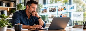 Prospective franchise buyer at a laptop researching franchise opportunities with AI search results and business listings floating beside the screen