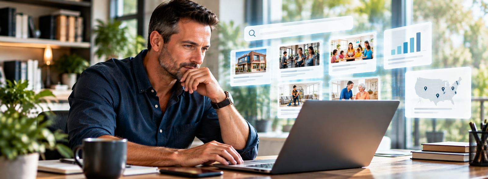 A prospective franchise owner researching franchise opportunities on a laptop