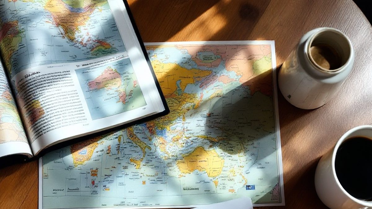 An open travel guidebook and a printed world map on a wooden table beside two cups of coffee in morning light