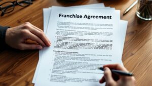 A franchise buyer reading a printed franchise agreement at a wooden desk with a pen in hand before signing