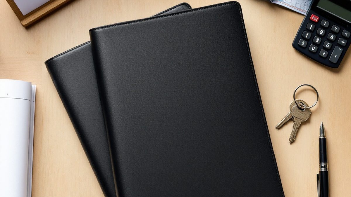A leather contract folder on a desk with shop keys a calculator and a pen representing the fees, term and territory set in a franchise agreement