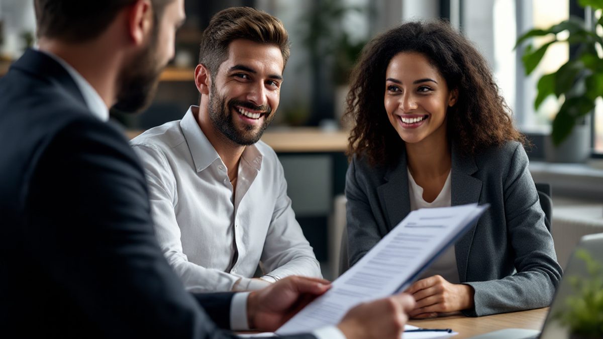 Prospective franchise owners meeting with a franchise attorney who is walking them through a bound franchise agreement before they sign