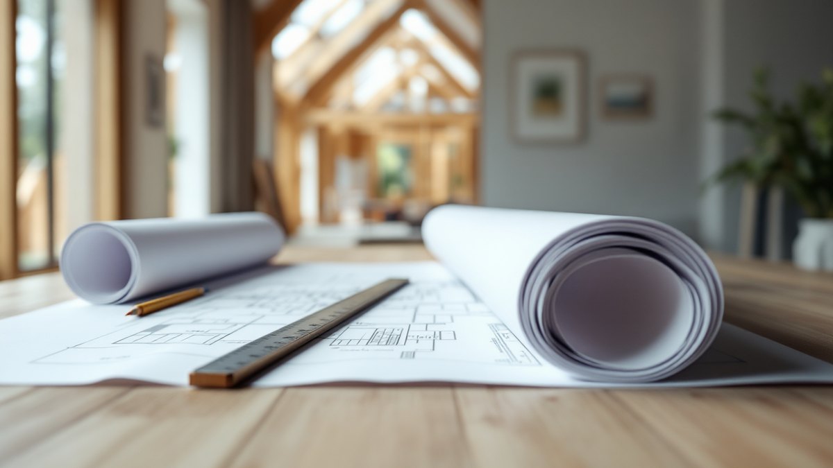An architect blueprint unrolled on a table in front of the timber frame of a house under construction