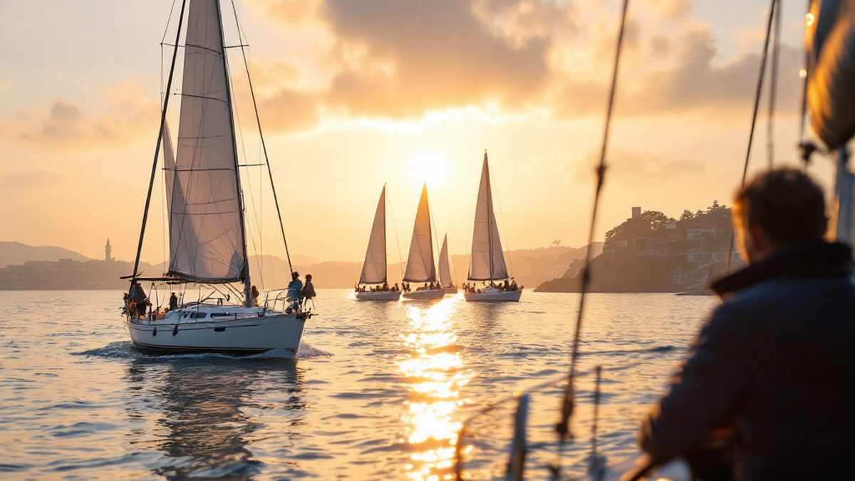 A skipper at the helm of a sailboat at sunrise watching a small fleet of matching sailboats cross the harbor ahead