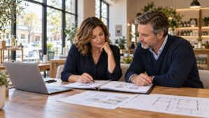 Two business owners reviewing an operations binder and store floor plans at a table in their shop as they consider franchising