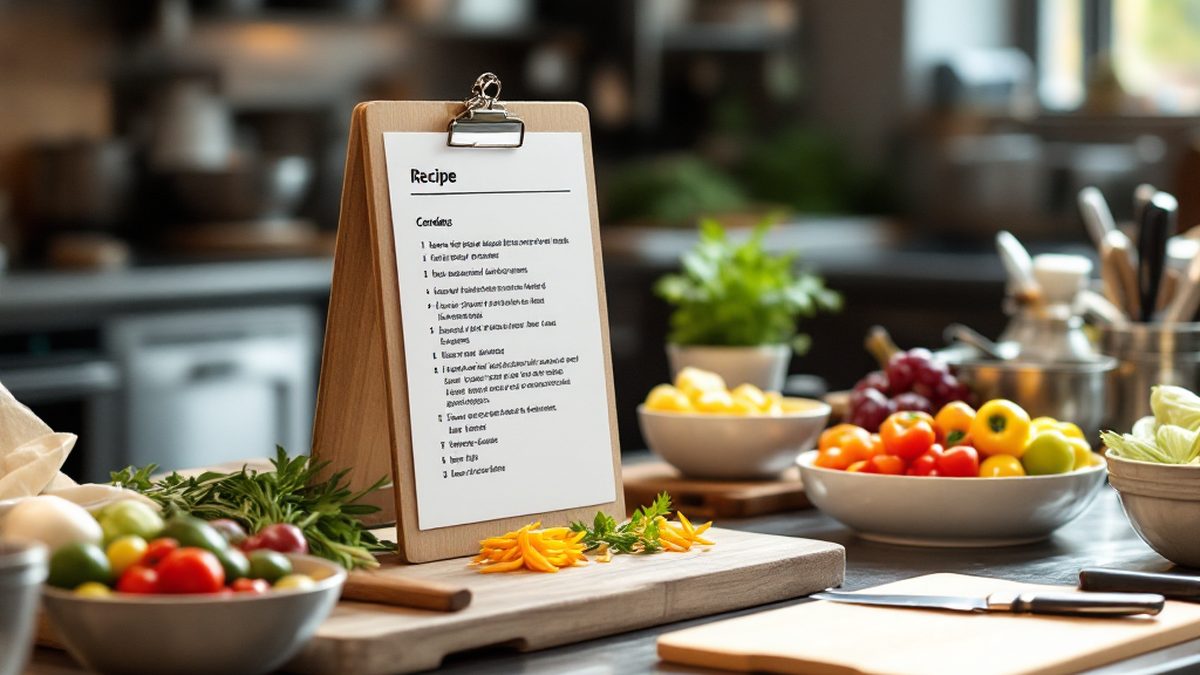 A recipe card clipped to a stand on a stainless kitchen counter surrounded by prepared fresh ingredients