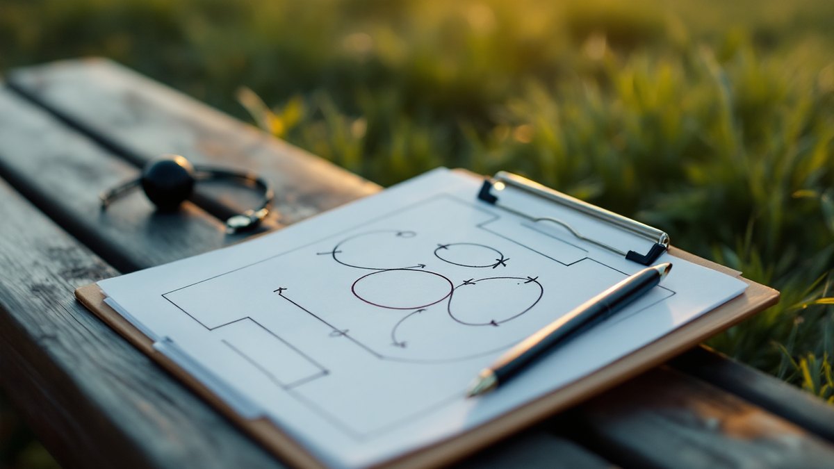 A coach clipboard on a bench beside a grass field showing a hand drawn play diagram