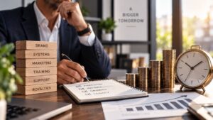 Wooden blocks stacked and labelled brand systems marketing training support and royalties beside stacked coins and a clock