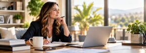 Prospective franchise buyer at a desk with a laptop and notebook thinking through whether now is the right time to buy a franchise